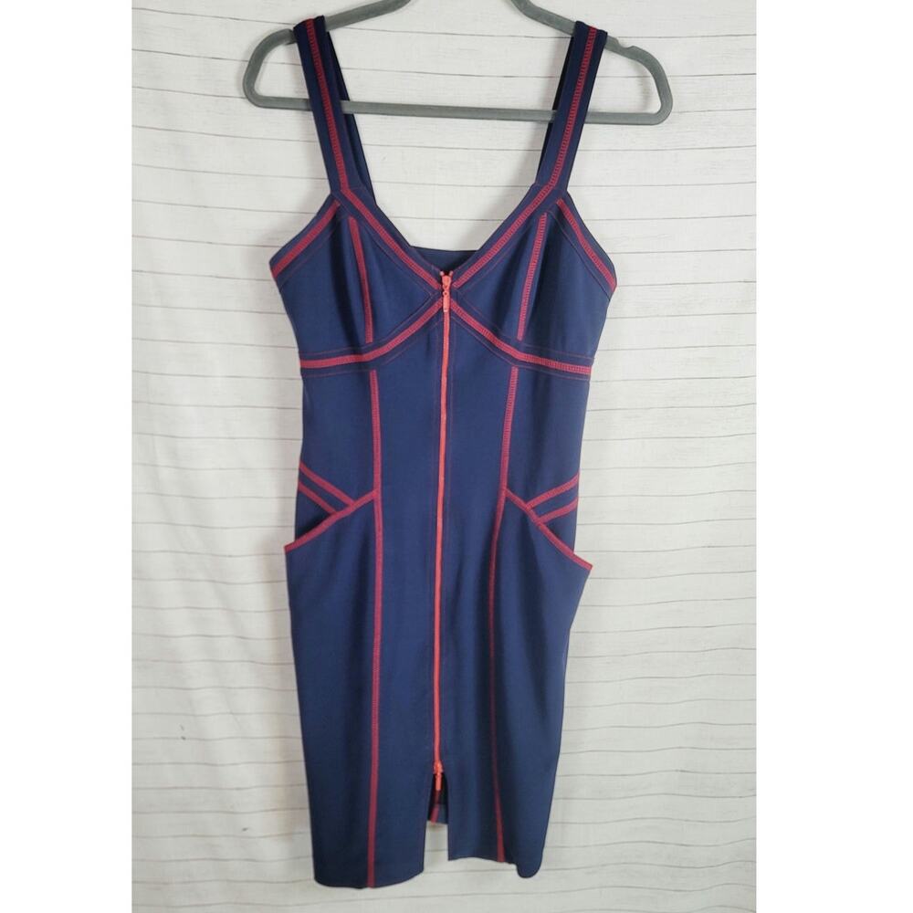 JOSEPH RIBKOFF VINTAGE BANDAGE DRESS W POCKETS & STITCH DETAIL NAVY/RED, SZ 8